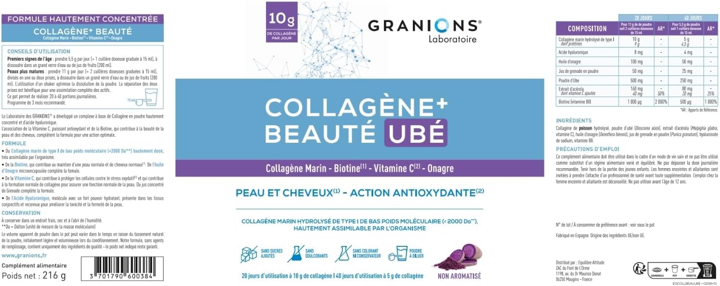COLLAGENE +BEAUTE - GRANIONS Marine Collagen N°1 in Pharmacies - Collagen and Hyaluronic Acid, Biotin Hair, Vitamin C - Beauty Skin and Hair - High Assimilation - Taste Ube 216g - Image 10
