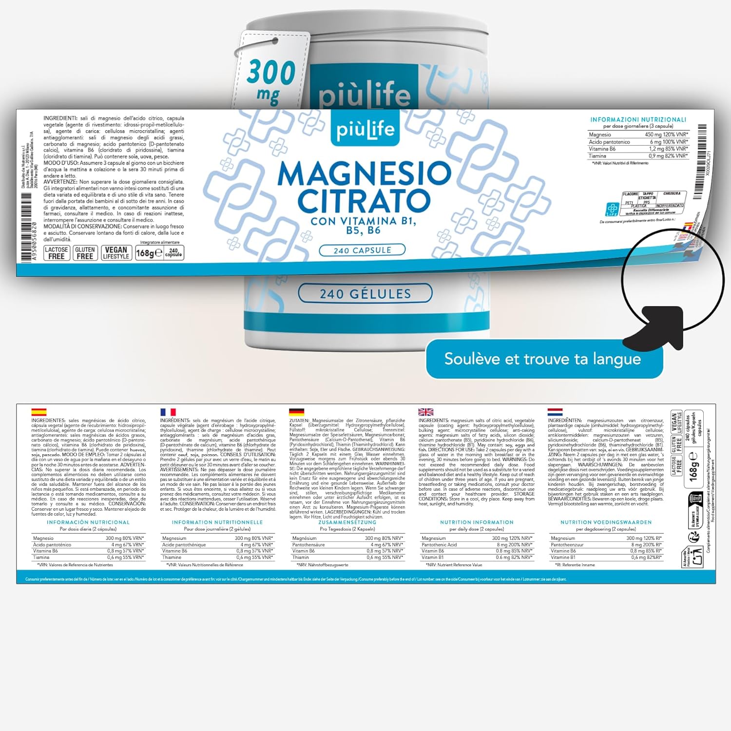 PiùLife Magnesium Citrate 300 mg - 2 Capsules per Day - with Vitamins B6, B1 and B5 - Magnesium Citrate Supplement - Contributes to the Normal Functioning of the Nervous and Muscular System - Image 7