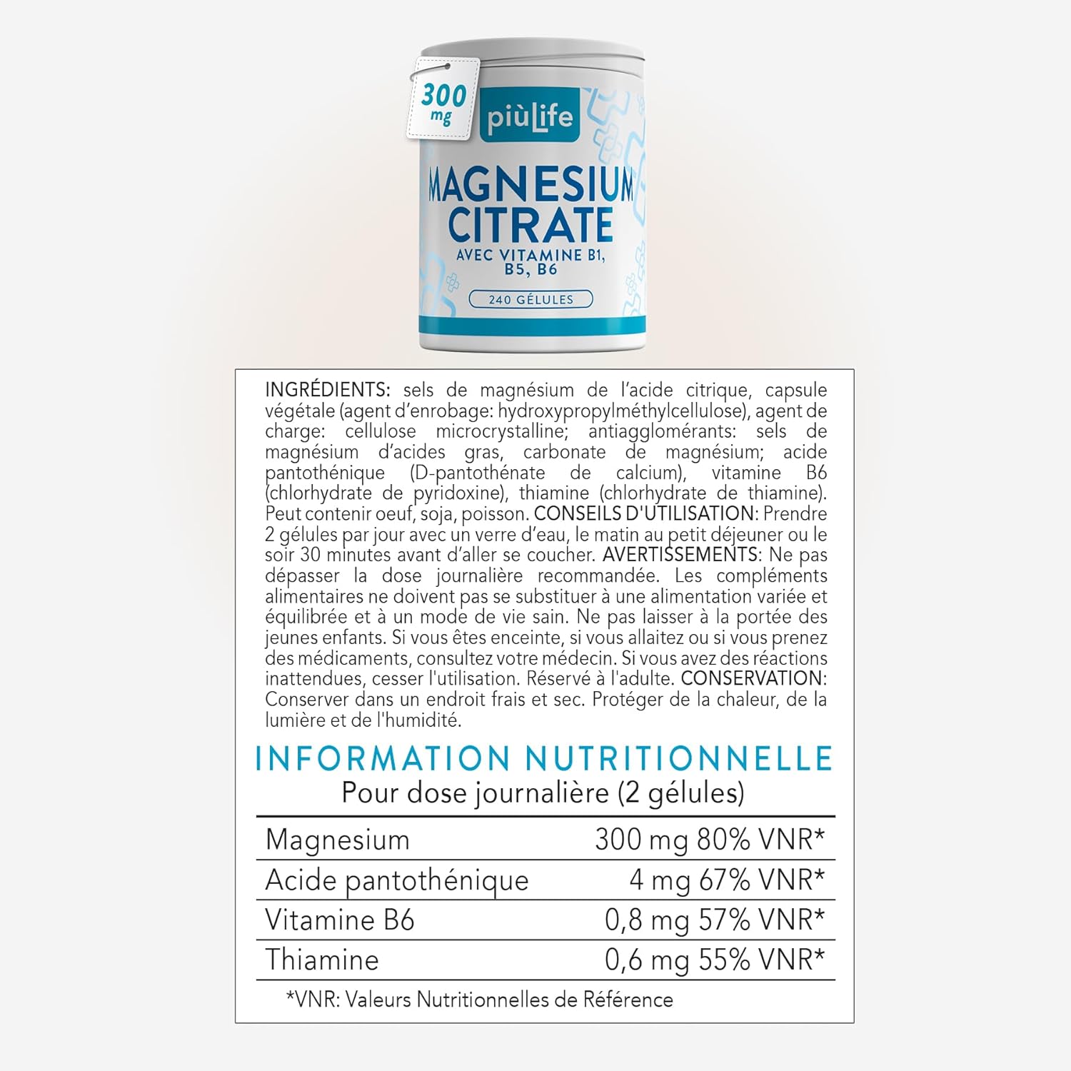 PiùLife Magnesium Citrate 300 mg - 2 Capsules per Day - with Vitamins B6, B1 and B5 - Magnesium Citrate Supplement - Contributes to the Normal Functioning of the Nervous and Muscular System - Image 8