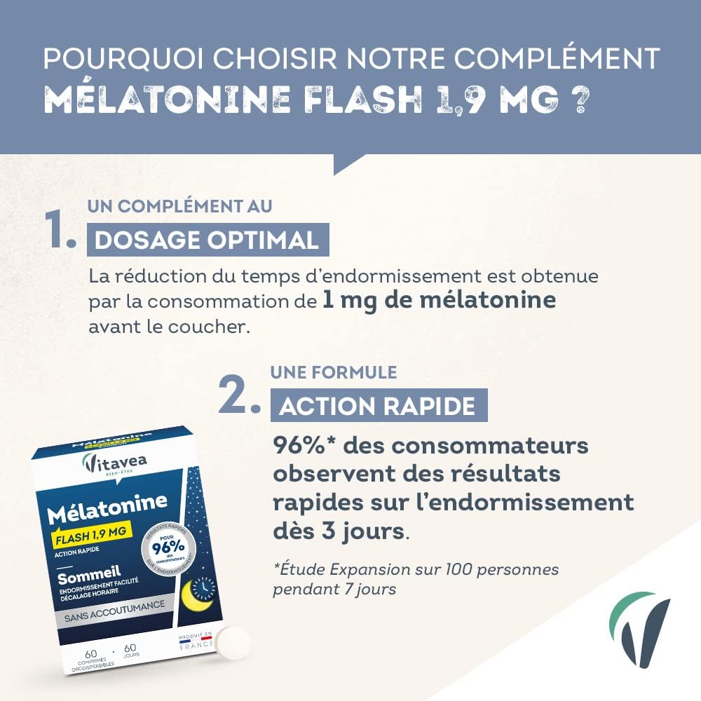 Vitavea Melatonin 1.9 mg - High Dosed - Adult Sleep Supplement - Sleep - Jet Lag - 60 Tablets - Cure 2 Months - Made in France - Image 4