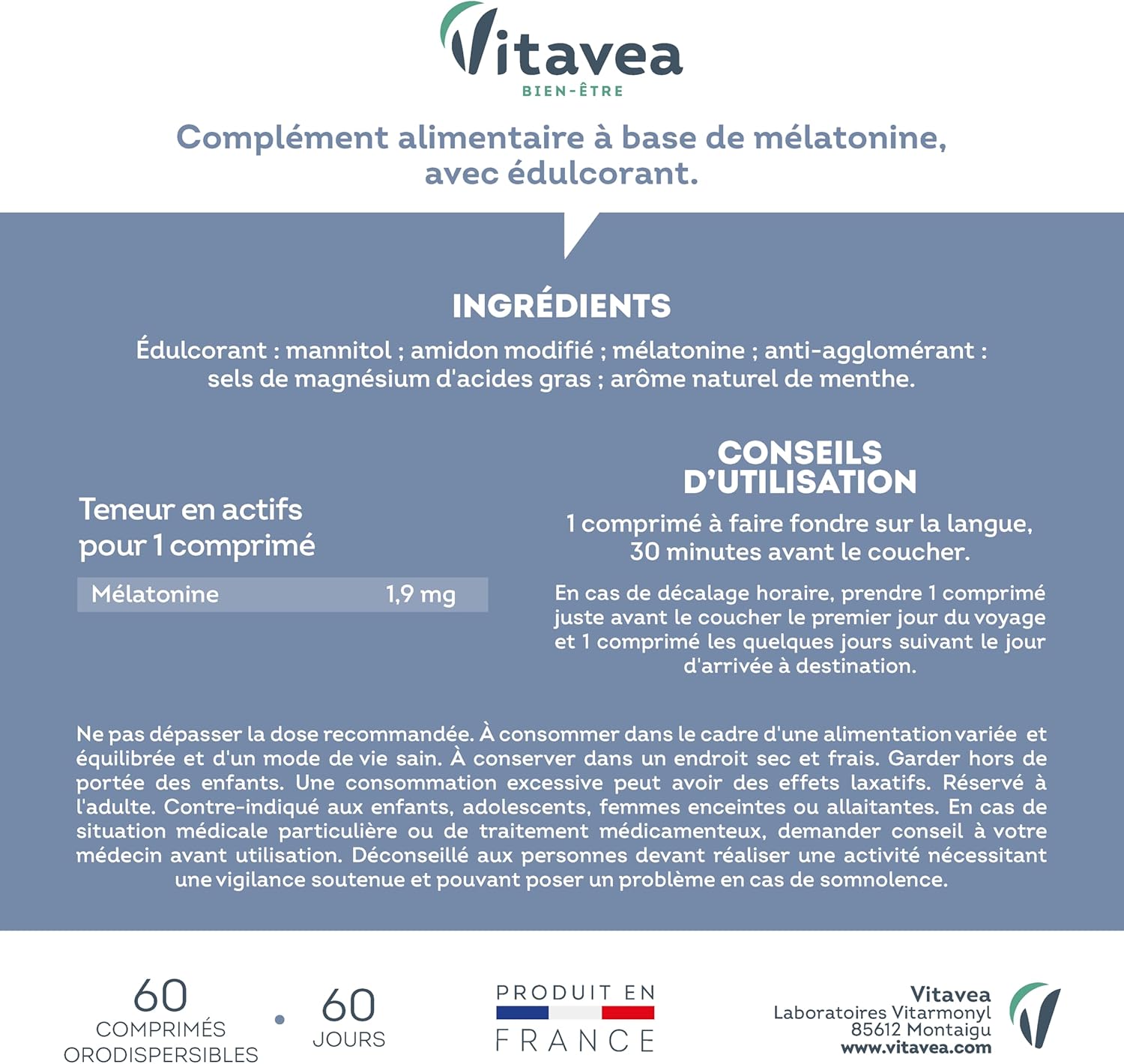 Vitavea Melatonin 1.9 mg - High Dosed - Adult Sleep Supplement - Sleep - Jet Lag - 60 Tablets - Cure 2 Months - Made in France - Image 8