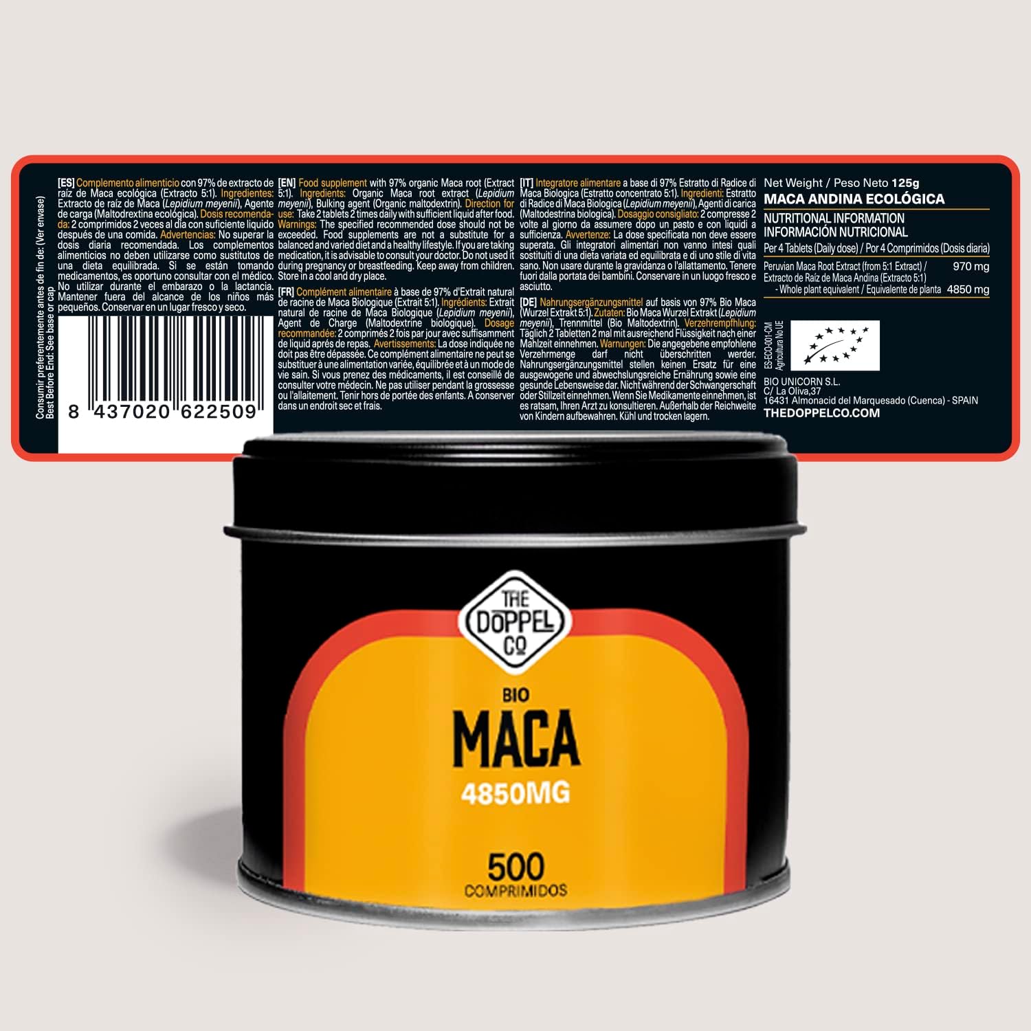 Maca Bio from Peru 4850mg - 500 Tablets - 5:1 Extract - 4 Month Treatment - Peruvian Maca Pura - Energy and Vitality - Plastic Free - Certified Organic - Image 8