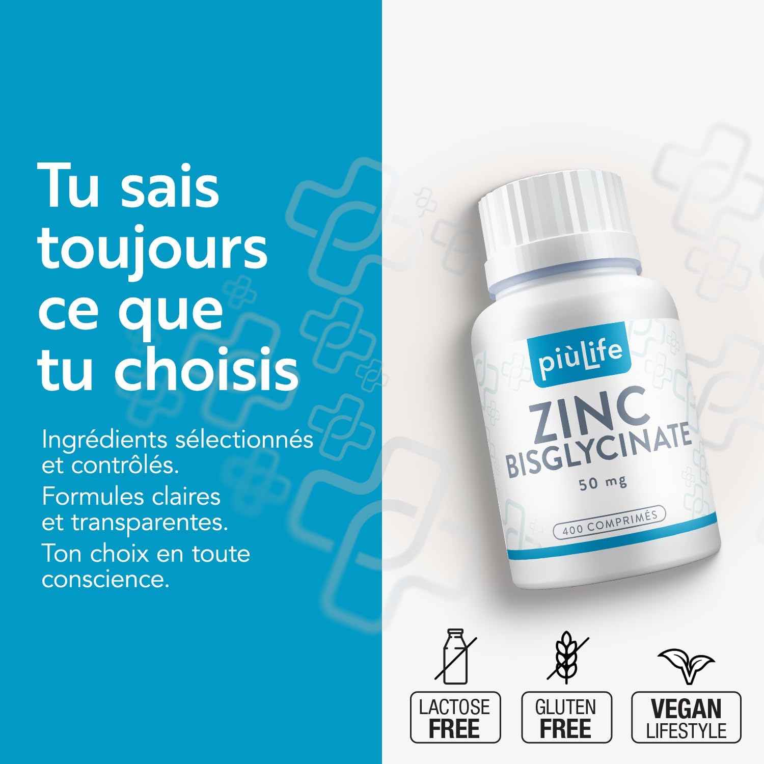 Zinc Bisglycinate 50 mg (including 15 mg Elemental Zink) PiùLife – ZN Highly Bioavailable Dietary Supplement – Skin, Hair, Nails, Immunity – Zinc Bisglycinate – 400 Tablets - Image 6