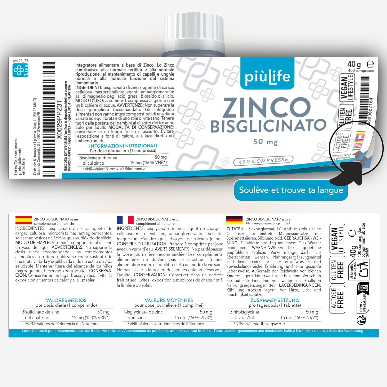 Zinc Bisglycinate 50 mg (including 15 mg Elemental Zink) PiùLife – ZN Highly Bioavailable Dietary Supplement – Skin, Hair, Nails, Immunity – Zinc Bisglycinate – 400 Tablets - Image 8
