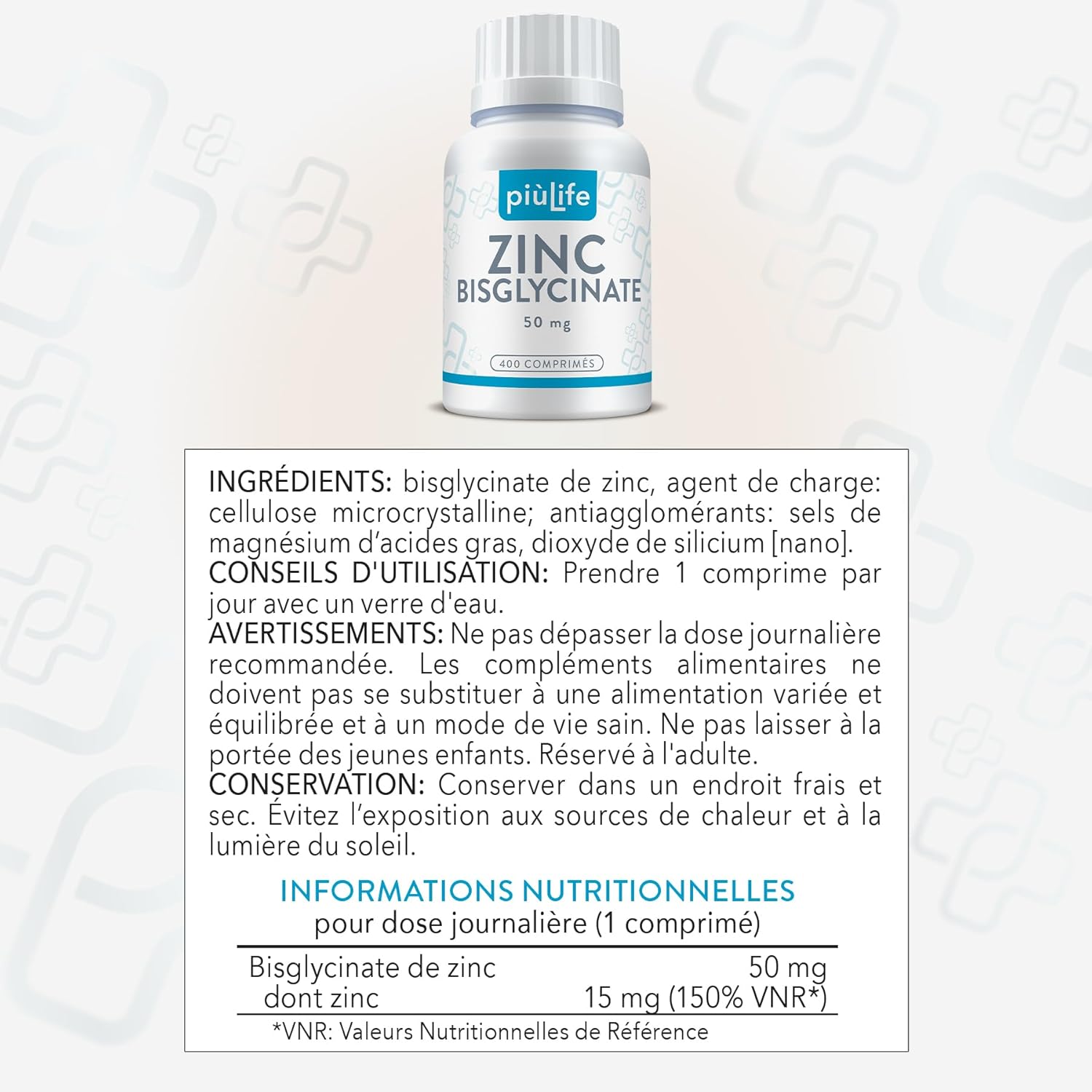 Zinc Bisglycinate 50 mg (including 15 mg Elemental Zink) PiùLife – ZN Highly Bioavailable Dietary Supplement – Skin, Hair, Nails, Immunity – Zinc Bisglycinate – 400 Tablets - Image 9