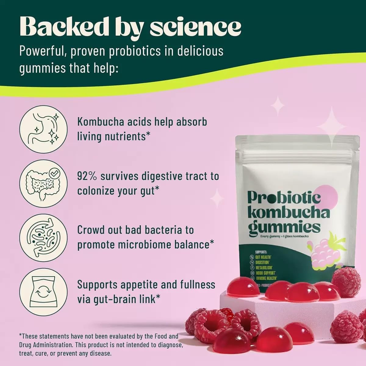 Kombucha Gummy - for Bloating, Gut Health - Probiotics for Women and Men - Digestive Support Fiber Gummy - Probiotic Gummy - Vegan, Non-GMO - Image 3