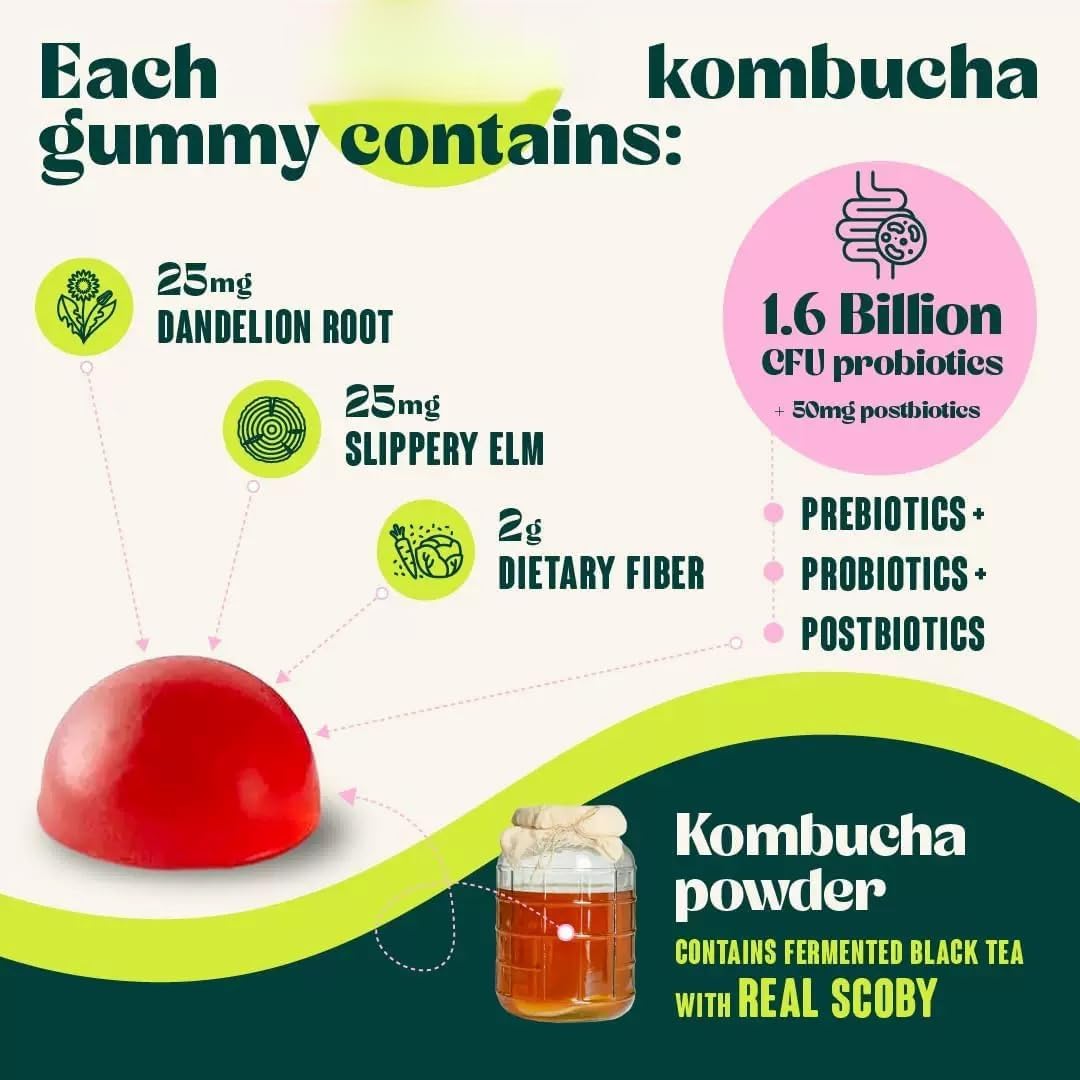 Kombucha Gummy - for Bloating, Gut Health - Probiotics for Women and Men - Digestive Support Fiber Gummy - Probiotic Gummy - Vegan, Non-GMO - Image 4