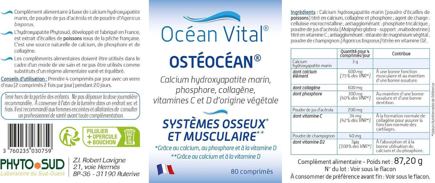 Phyto Sud Ostéocéan - Marine Collagen 600 mg, Calcium, Vitamin D and Vitamin C - Joint Dietary Supplement for Bone & Muscular Systems - 80 Tablets - Made in France - Image 3