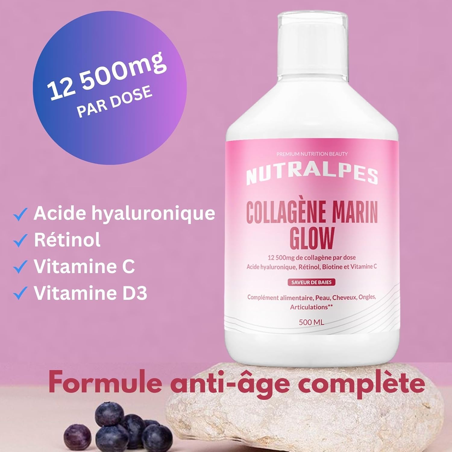 Liquid Marine Collagen 12500mg | Powerful Anti-Aging | Radiance & Hydrated Skin | Hyaluronic Acid, Retinol, Vitamin C | 500ml | Berry Flavors. - Image 3