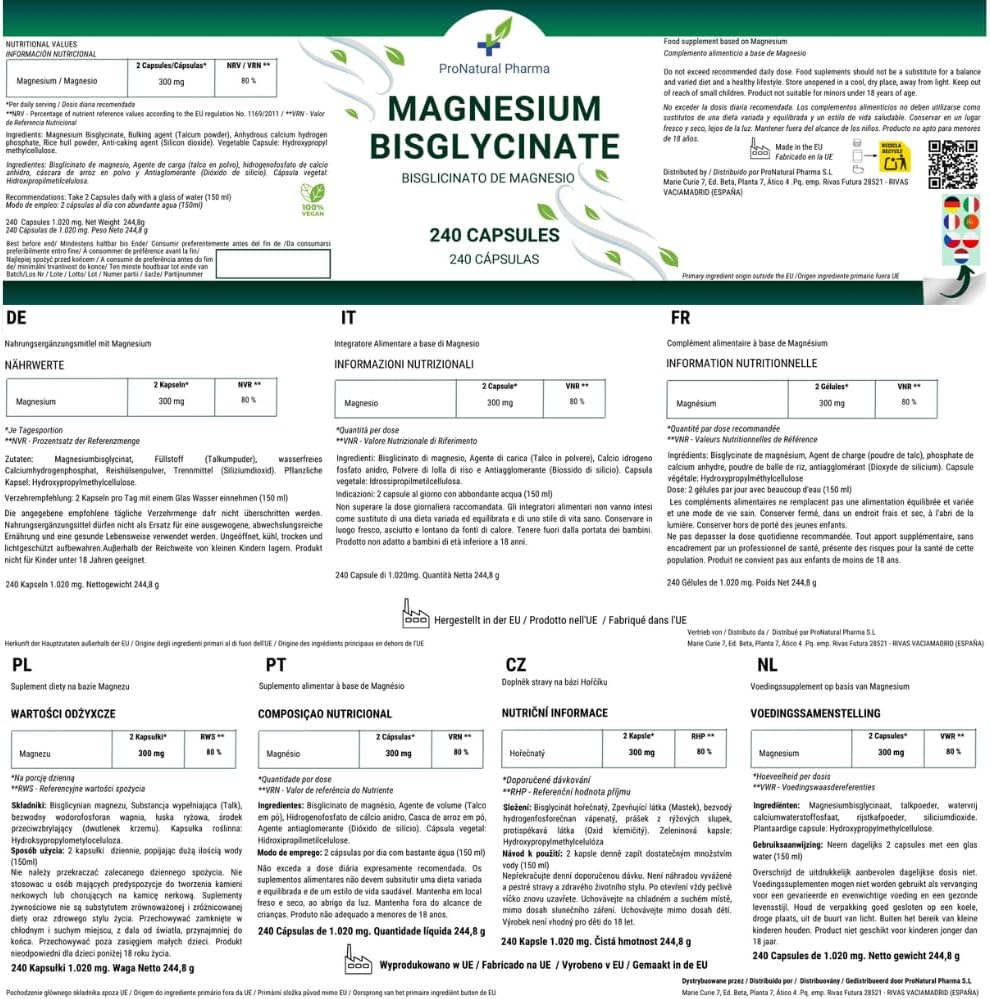 Magnesium Bisglycinate|300mg Pure Magnesium High Bioavailability/Day | 240 Vegan Capsules | Fatigue & Fatigue | Normal Muscle & Psychological Functioning - Image 6