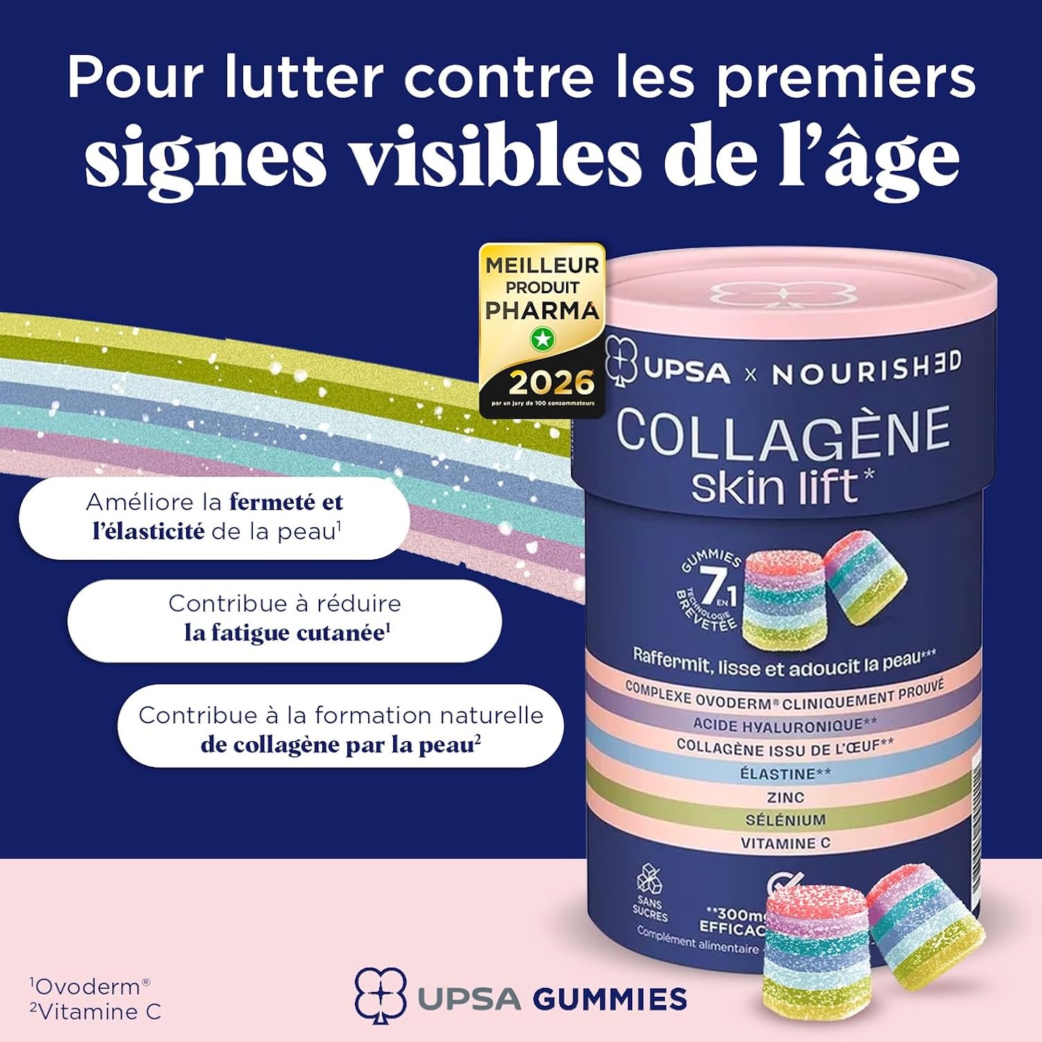 UPSA X NOURISHED - 7-in-1 Collagen Gummies - Food Supplement for Smooth & Firm Skin - Collagen, Hyaluronic Acid, Elastin - Sugar Free & Vegan - Fruity Flavour - 1 Month Cure - 30 Gummies - Image 3