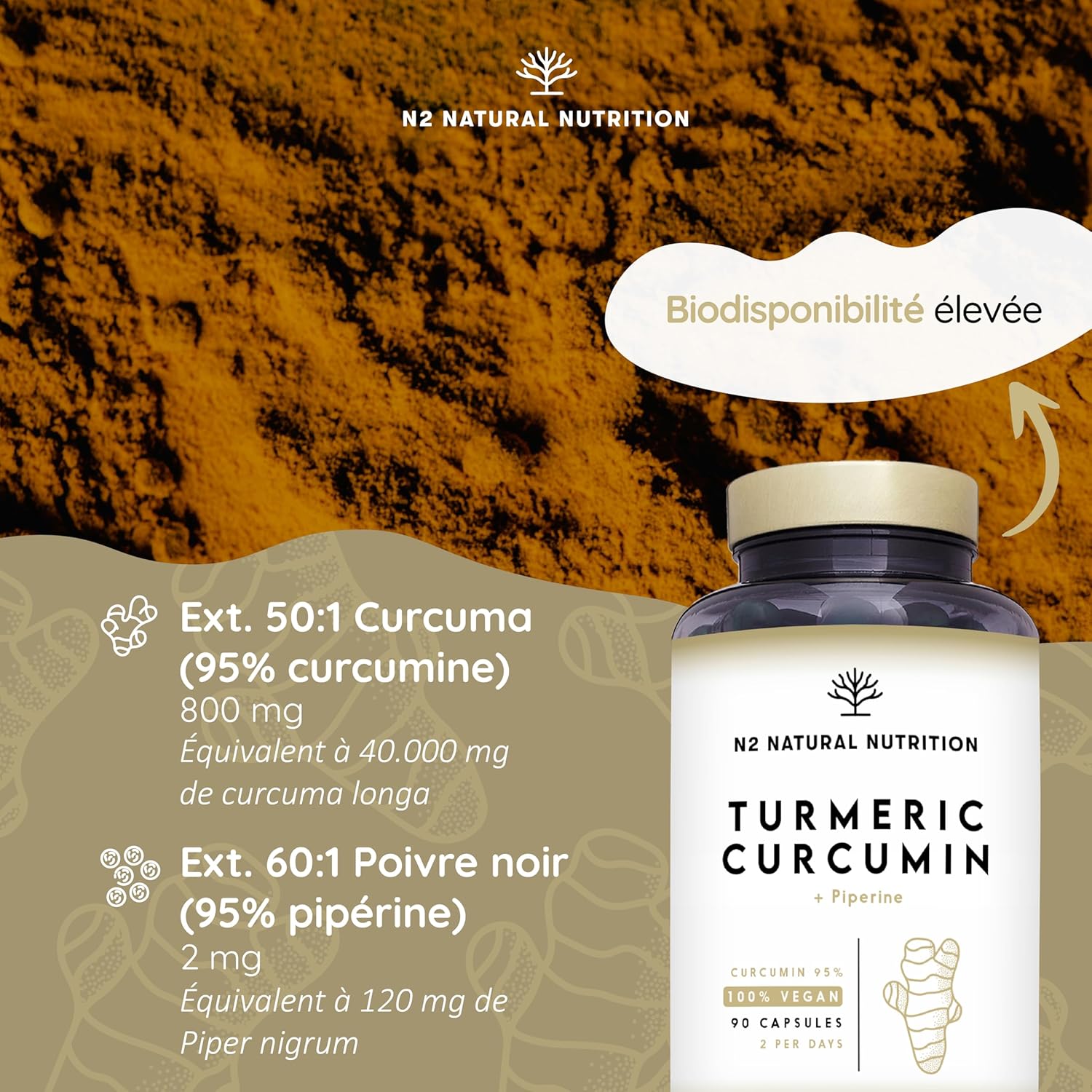 Turmeric Piperine EXTRA STRONG 95% Curcumin and Black Pepper. Optimal Absorption, Antioxidant | 90 Capsules -Vegan Certified-Made in the EU. N2 Natural Nutrition - Image 4