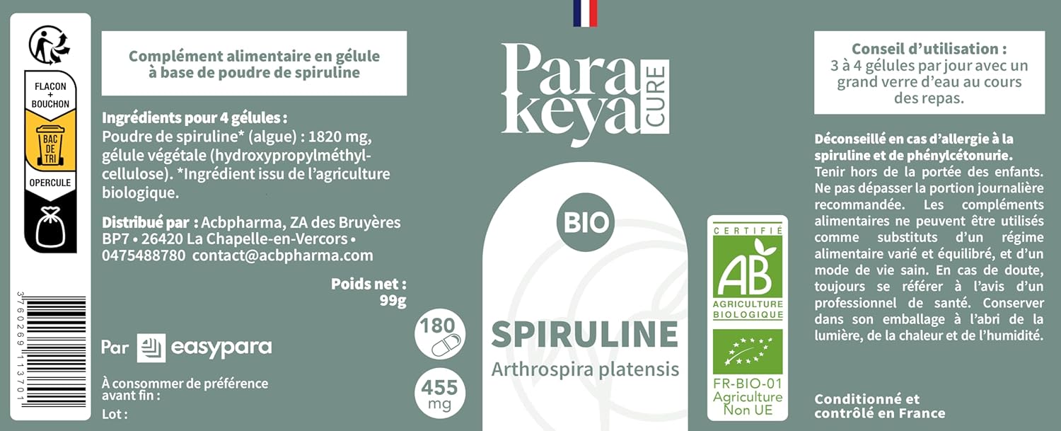 Spirulina Bio 455 mg - 180 capsules - Rich in proteins, vitamins, minerals and antioxidants - Dietary supplement - Image 9