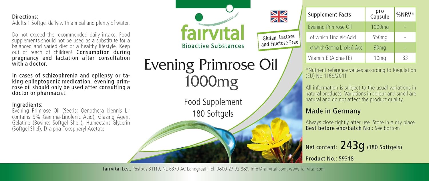 fairvital Evening Primrose Oil 1000mg, 180 soft capsules, omega-6 fatty acids, 65% linoleic acid and 9% gamma-linolenic acid, for 6 months, controlled and highly dosed quality - Image 3