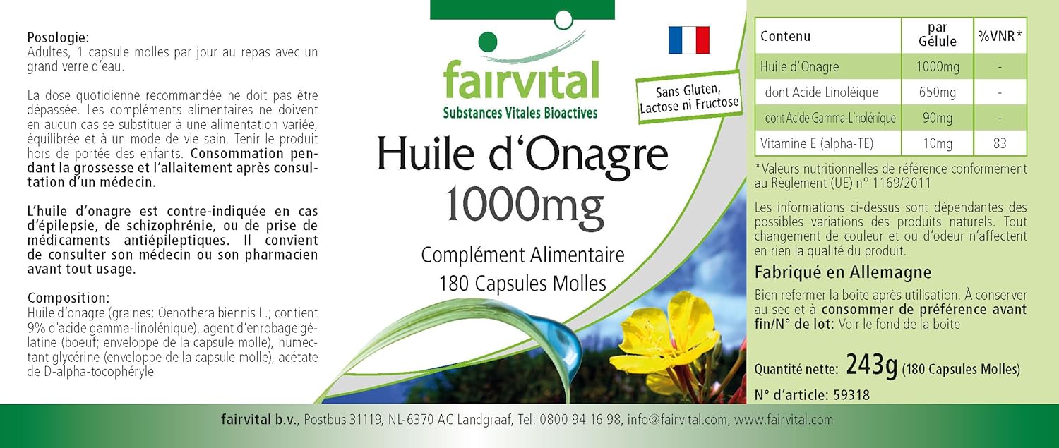 fairvital Evening Primrose Oil 1000mg, 180 soft capsules, omega-6 fatty acids, 65% linoleic acid and 9% gamma-linolenic acid, for 6 months, controlled and highly dosed quality - Image 4
