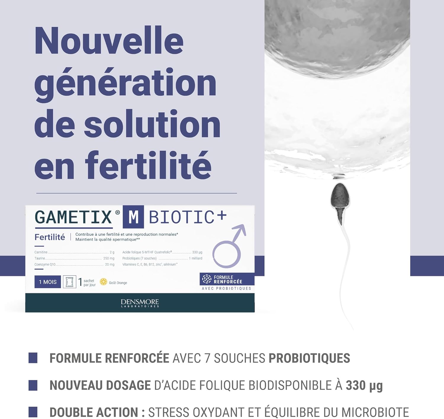 Densmore - GAMETIX M BIOTIC+ Formula with Probiotics - Male Fertility - Carnitine, Coenzyme Q10, Zinc, Vitamins - Men's Food Supplement - 30 Sachets - 1 Month - Made in France - Image 3