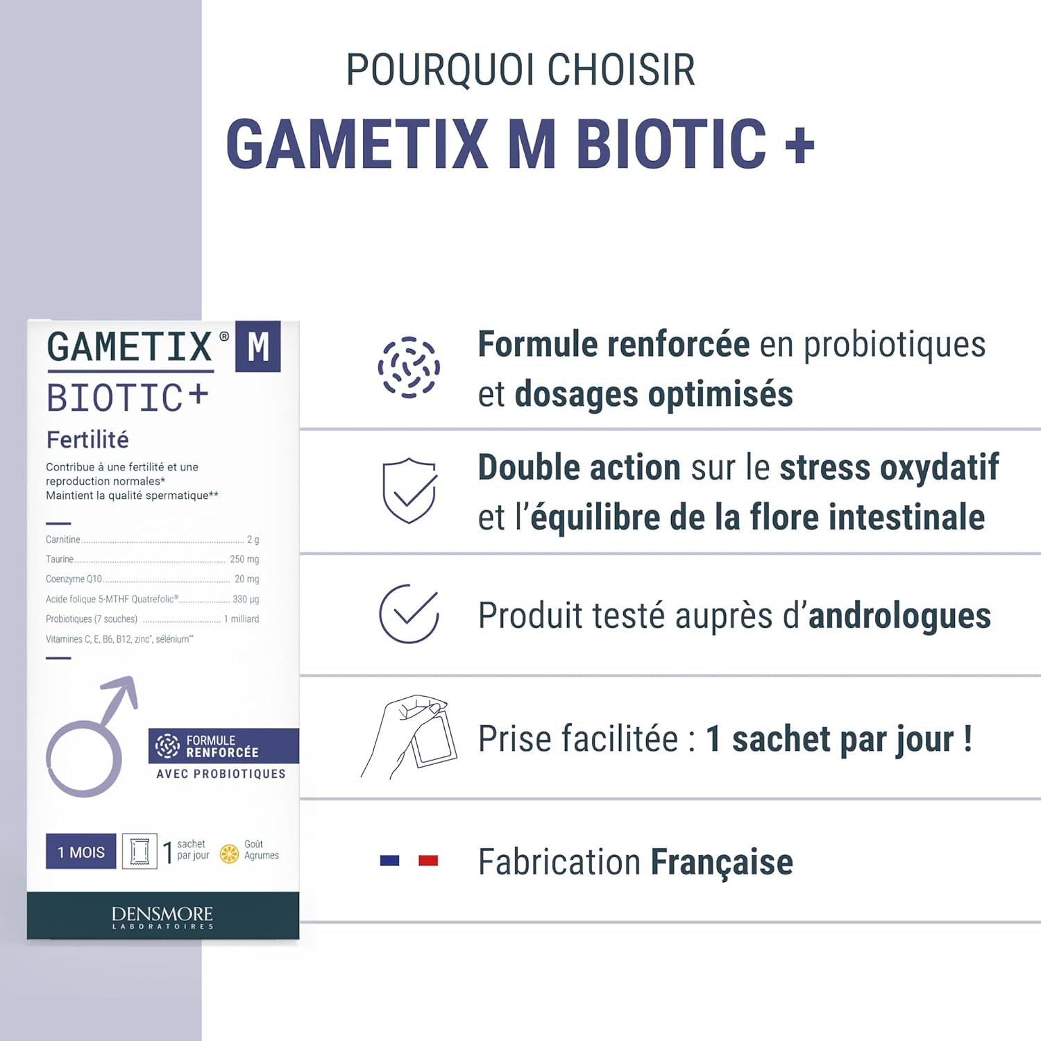 Densmore - GAMETIX M BIOTIC+ Formula with Probiotics - Male Fertility - Carnitine, Coenzyme Q10, Zinc, Vitamins - Men's Food Supplement - 30 Sachets - 1 Month - Made in France - Image 6