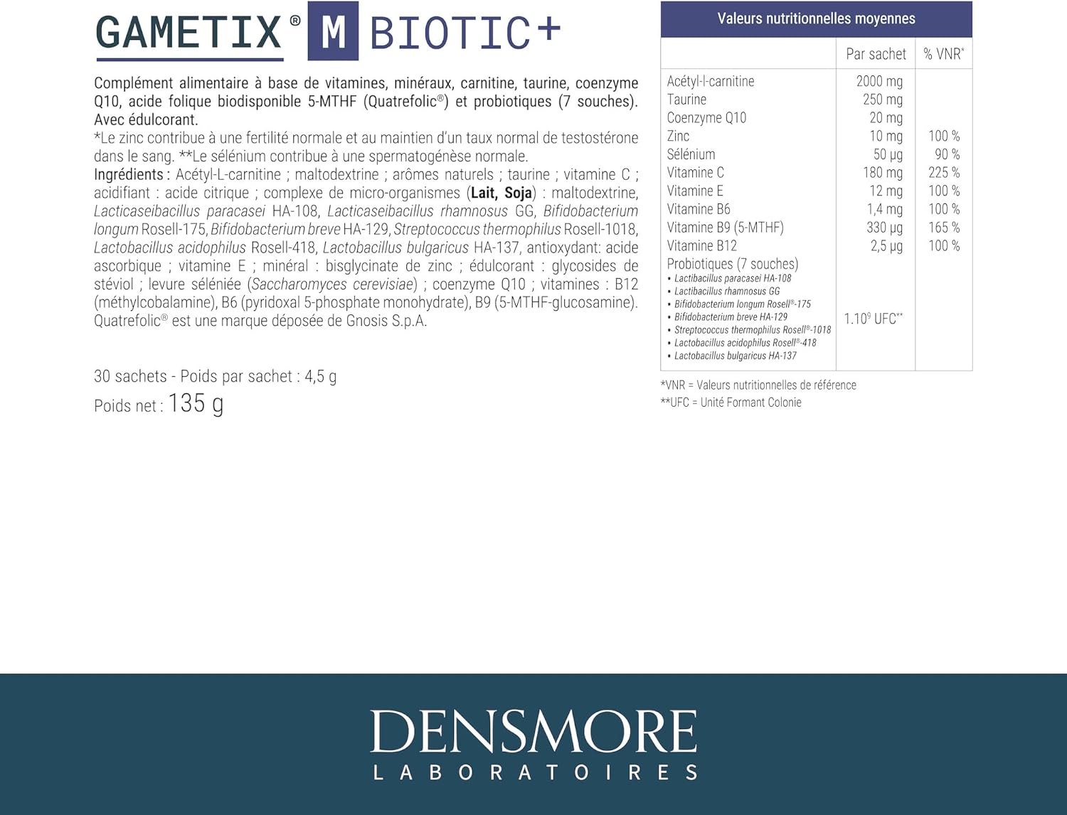 Densmore - GAMETIX M BIOTIC+ Formula with Probiotics - Male Fertility - Carnitine, Coenzyme Q10, Zinc, Vitamins - Men's Food Supplement - 30 Sachets - 1 Month - Made in France - Image 8