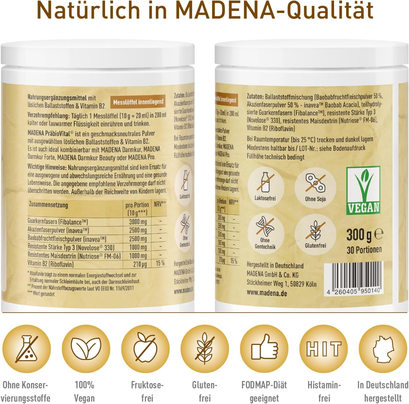 MADENA PrebioVital 300 g Prebiotic Fibres to Promote Digestion with Baobab Powder and Acacia Fibres Guar Fibres (PHGG) Resistant Starch Type 3 and Vitamin B2 (Riboflavin - Image 3
