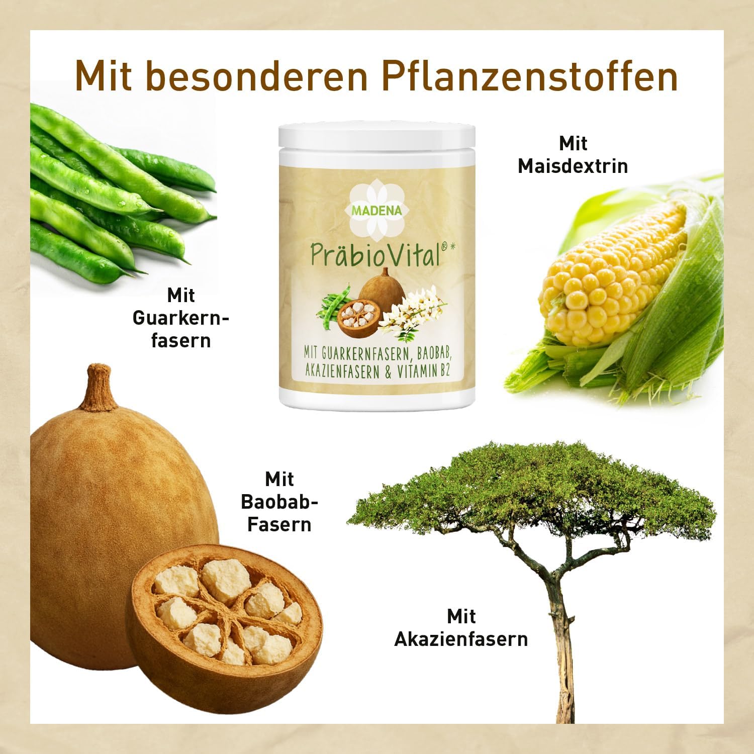 MADENA PrebioVital 300 g Prebiotic Fibres to Promote Digestion with Baobab Powder and Acacia Fibres Guar Fibres (PHGG) Resistant Starch Type 3 and Vitamin B2 (Riboflavin - Image 8