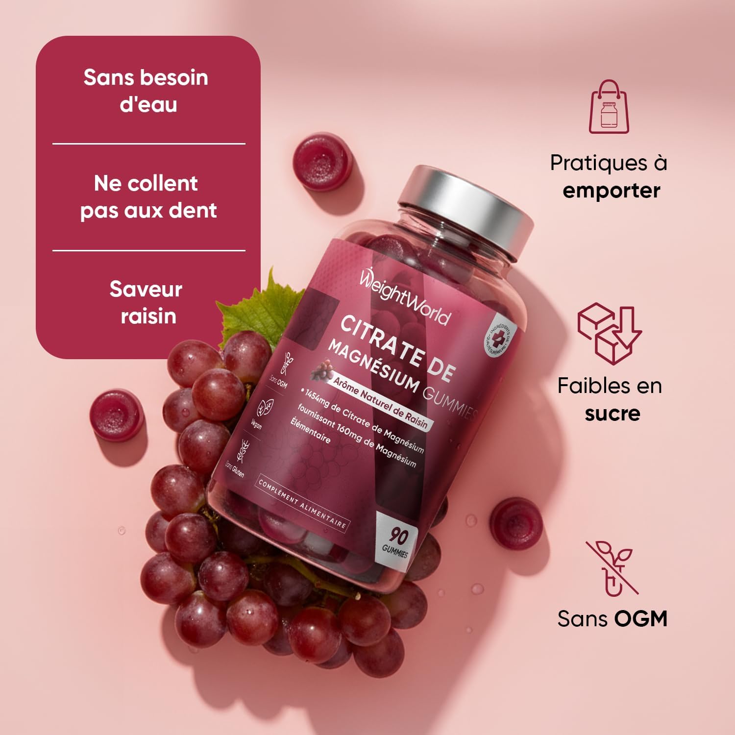 Magnesium Gummies - 1454mg Magnesium Citrate, 90 Vegan Gums Low in Sugar for 45 Days Supply - Natural Grape Flavour - Image 7