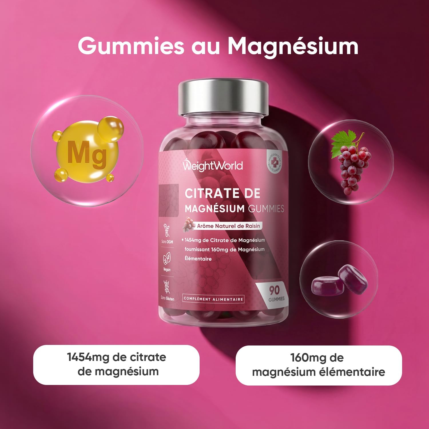 Magnesium Gummies - 1454mg Magnesium Citrate, 90 Vegan Gums Low in Sugar for 45 Days Supply - Natural Grape Flavour - Image 8