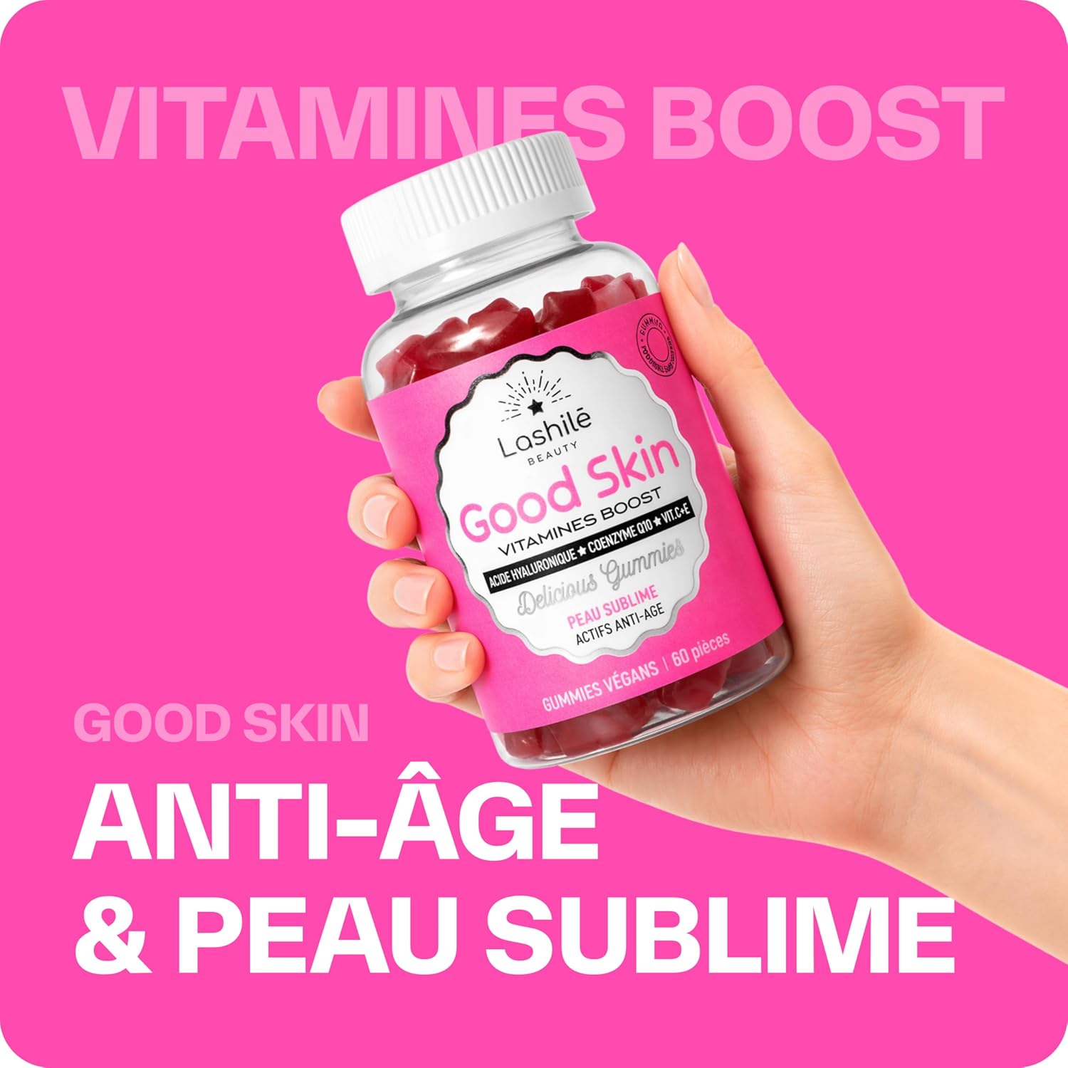 Lashilé Beauty - Anti-Aging + Anti-Wrinkle Food Supplement - Firmness & Radiance of the skin - Good Skin Vitamins - Hyaluronic Acid Q10 Vitamins C & E - Made in France - Cure 1 Month 60 Gummies - Image 3