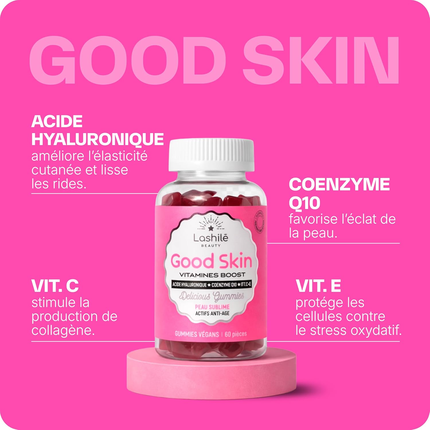 Lashilé Beauty - Anti-Aging + Anti-Wrinkle Food Supplement - Firmness & Radiance of the skin - Good Skin Vitamins - Hyaluronic Acid Q10 Vitamins C & E - Made in France - Cure 1 Month 60 Gummies - Image 4