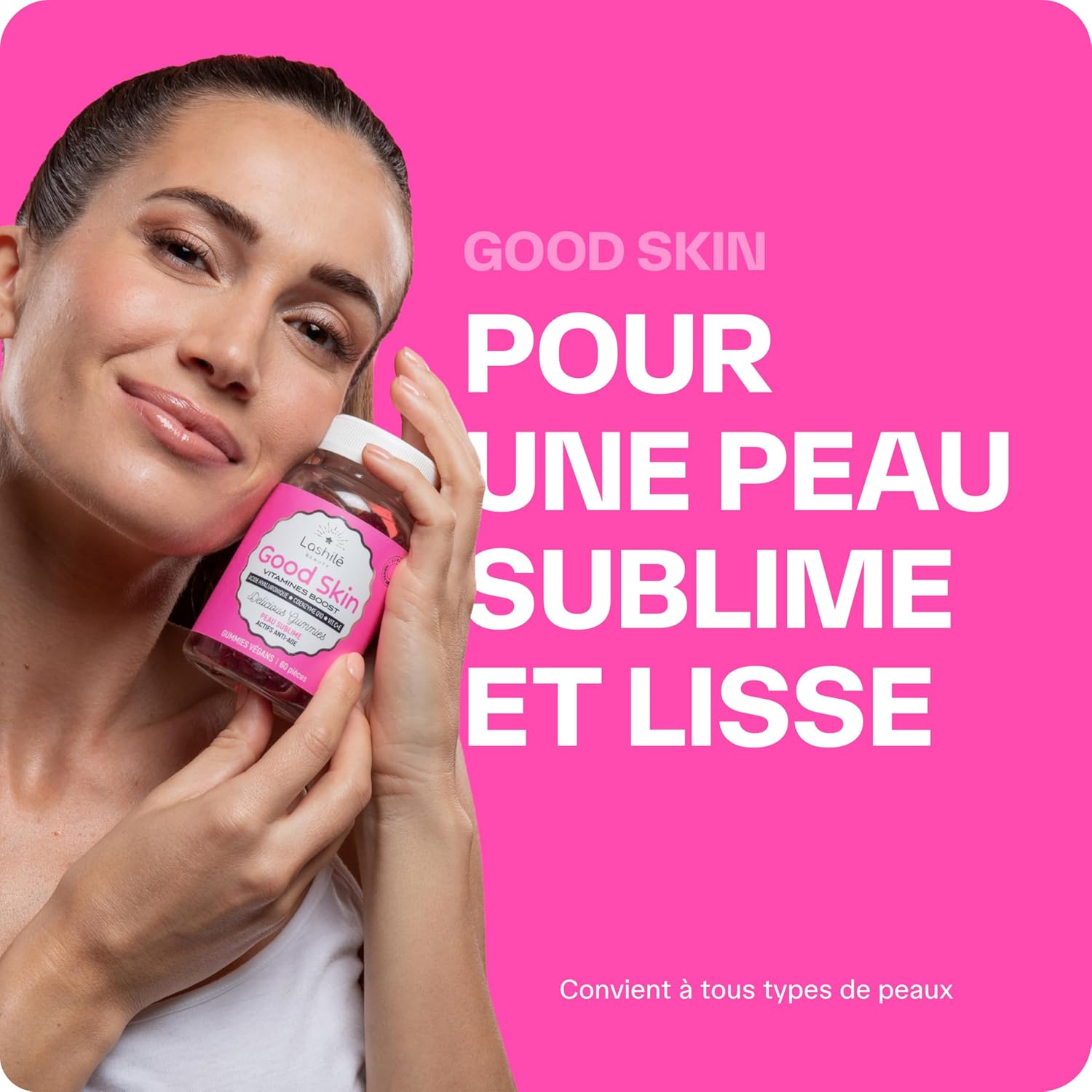 Lashilé Beauty - Anti-Aging + Anti-Wrinkle Food Supplement - Firmness & Radiance of the skin - Good Skin Vitamins - Hyaluronic Acid Q10 Vitamins C & E - Made in France - Cure 1 Month 60 Gummies - Image 5