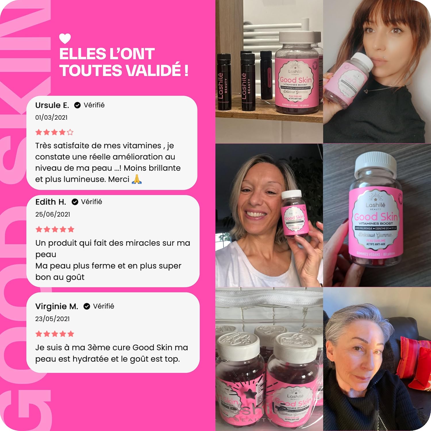 Lashilé Beauty - Anti-Aging + Anti-Wrinkle Food Supplement - Firmness & Radiance of the skin - Good Skin Vitamins - Hyaluronic Acid Q10 Vitamins C & E - Made in France - Cure 1 Month 60 Gummies - Image 8