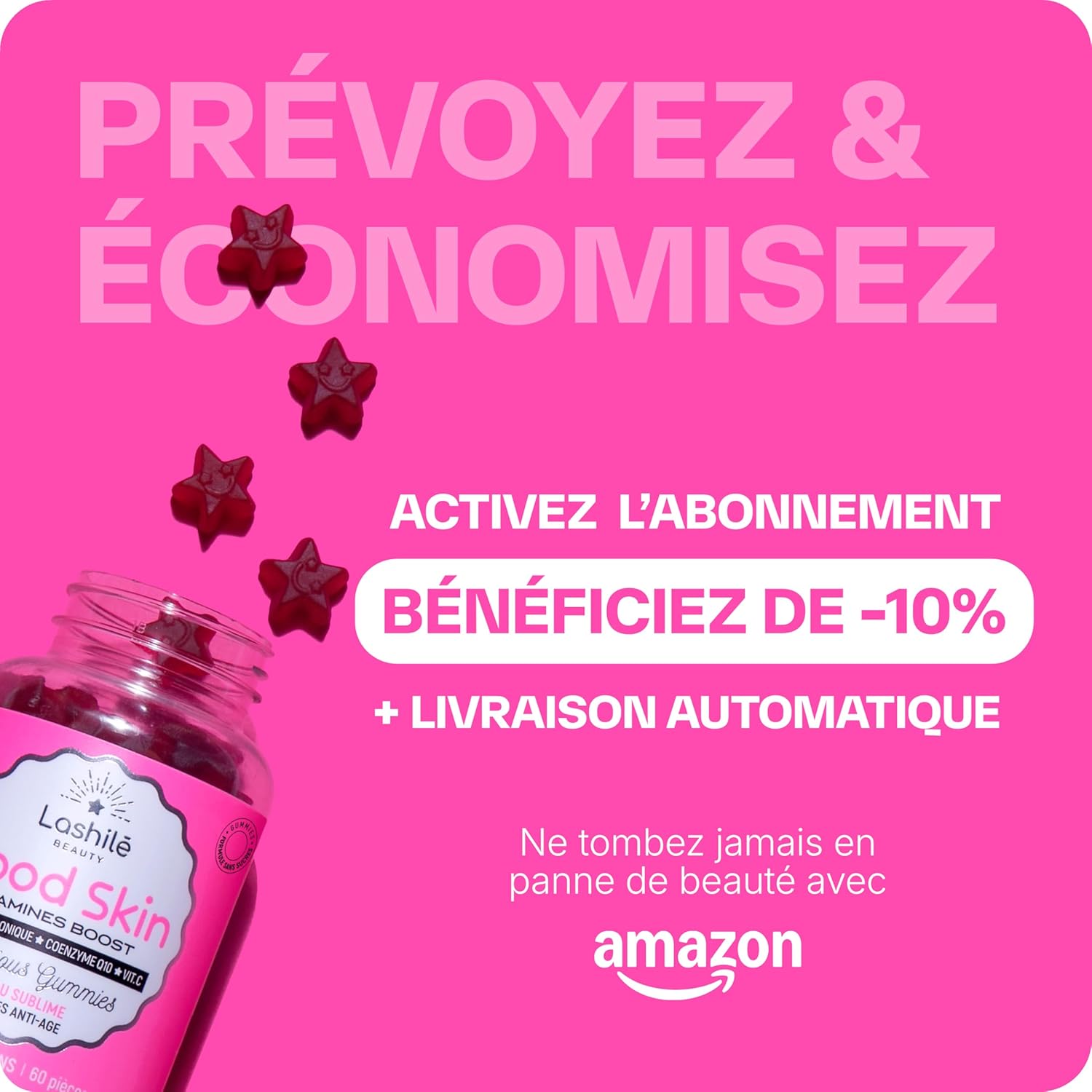 Lashilé Beauty - Anti-Aging + Anti-Wrinkle Food Supplement - Firmness & Radiance of the skin - Good Skin Vitamins - Hyaluronic Acid Q10 Vitamins C & E - Made in France - Cure 1 Month 60 Gummies - Image 11
