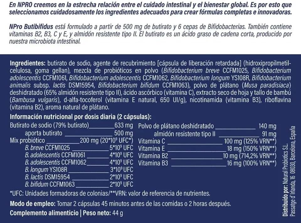 NPro SALUD INTESTINAL Butibifidus 60 Capsules - Supplement with Butyrate 500mg + 20,000 Million CFUs Bifidobacteria - Regenerates the intestinal mucous membranes and improves the microbiota - Image 4