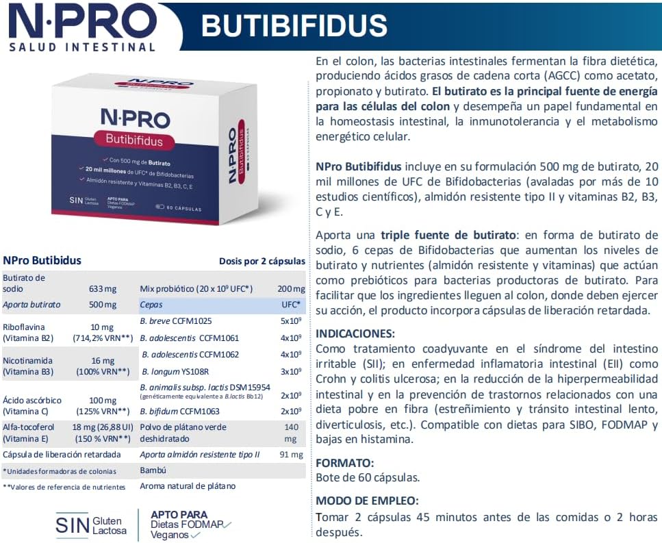 NPro SALUD INTESTINAL Butibifidus 60 Capsules - Supplement with Butyrate 500mg + 20,000 Million CFUs Bifidobacteria - Regenerates the intestinal mucous membranes and improves the microbiota - Image 6