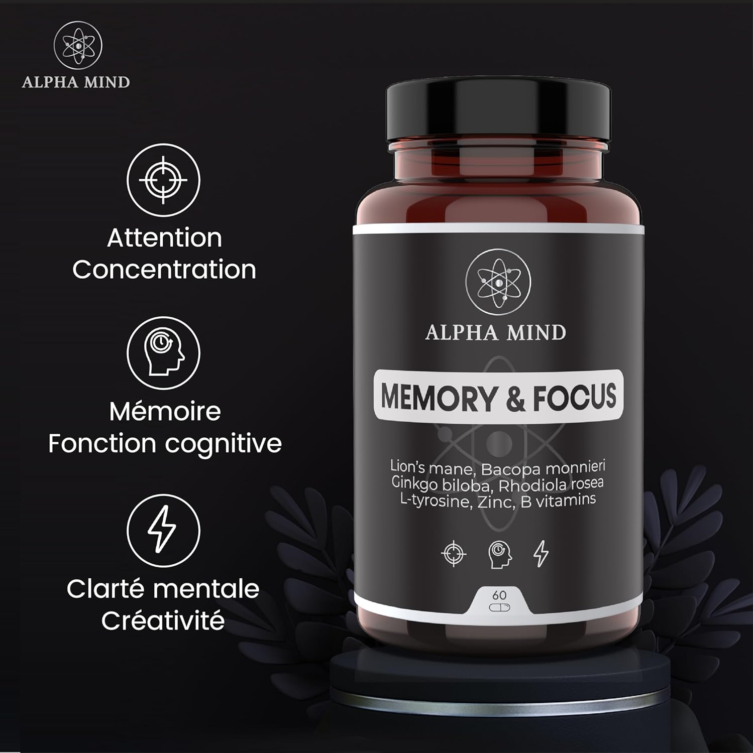 Powerful Nootropic - Memory and Concentration - With Lions Mane/Lions Mane, Ginkgo biloba, Bacopa Monnieri, Rhodiola Rosea, L Tyrosine, Zinc, B Vitamins - Caffeine Free - Image 3