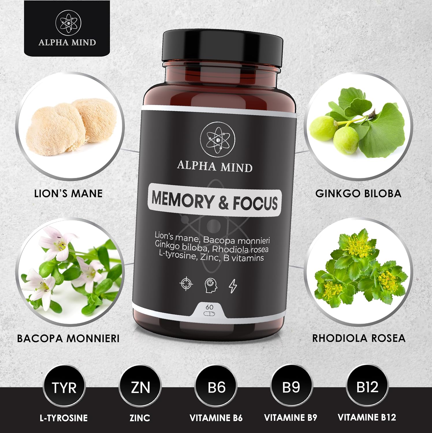 Powerful Nootropic - Memory and Concentration - With Lions Mane/Lions Mane, Ginkgo biloba, Bacopa Monnieri, Rhodiola Rosea, L Tyrosine, Zinc, B Vitamins - Caffeine Free - Image 4