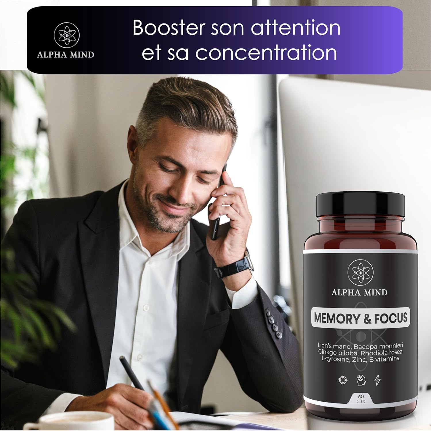 Powerful Nootropic - Memory and Concentration - With Lions Mane/Lions Mane, Ginkgo biloba, Bacopa Monnieri, Rhodiola Rosea, L Tyrosine, Zinc, B Vitamins - Caffeine Free - Image 6