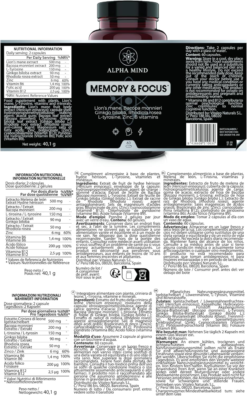 Powerful Nootropic - Memory and Concentration - With Lions Mane/Lions Mane, Ginkgo biloba, Bacopa Monnieri, Rhodiola Rosea, L Tyrosine, Zinc, B Vitamins - Caffeine Free - Image 10