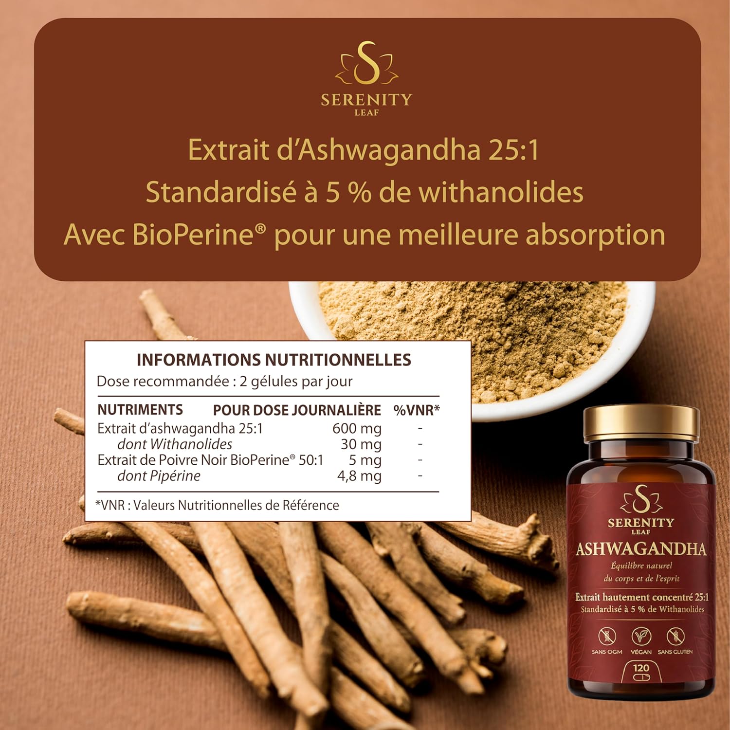Ashwagandha 25:1 High Power - Standardized to 5% Withanolides - Serenity Leaf - Adaptogen for Stress, Calm, Relaxation and Wellness - 120 Vegetable Capsules - Image 6