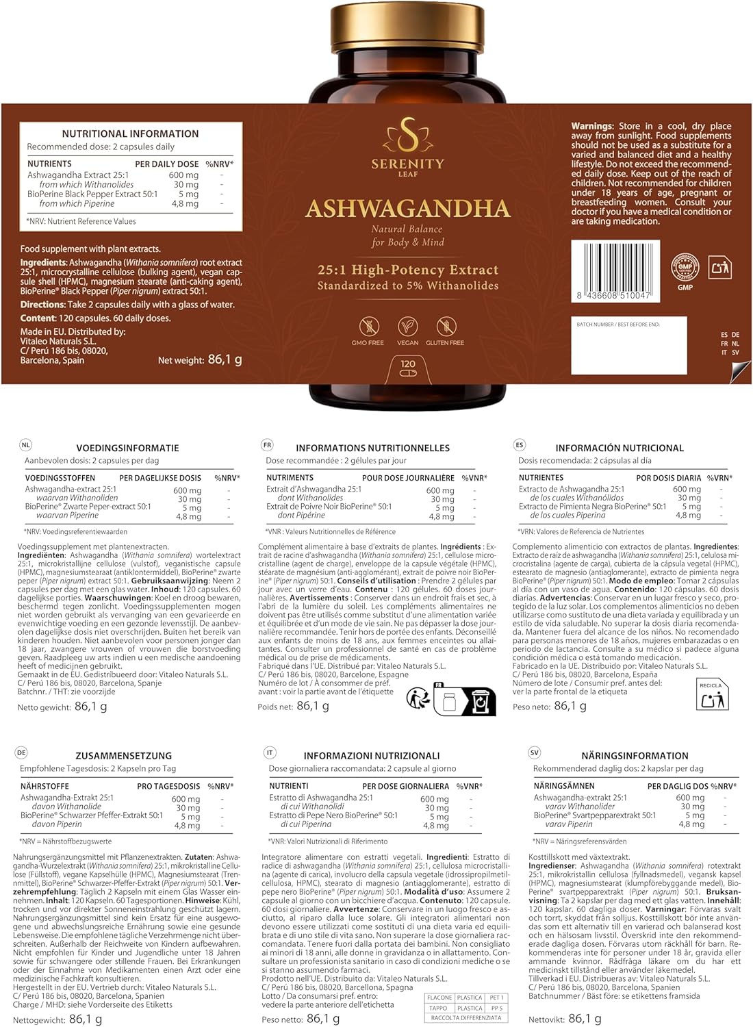 Ashwagandha 25:1 High Power - Standardized to 5% Withanolides - Serenity Leaf - Adaptogen for Stress, Calm, Relaxation and Wellness - 120 Vegetable Capsules - Image 7