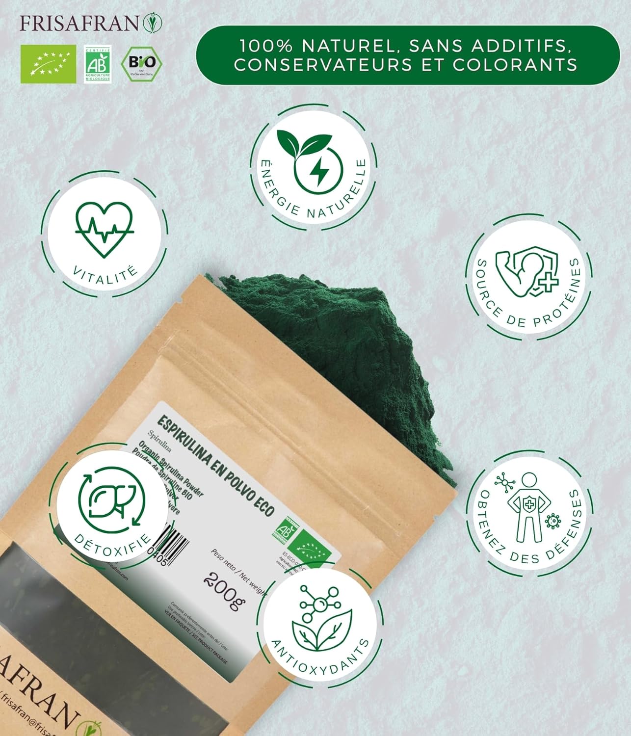 FRISAFRAN | Organic Spirulina Powder 100g | Pure and Natural Spirulina | Vegan Supplement | Rich in Protein | Antioxidant Purity | Natural And No Additives | Organic | Detox | Super Food Powder - Image 3