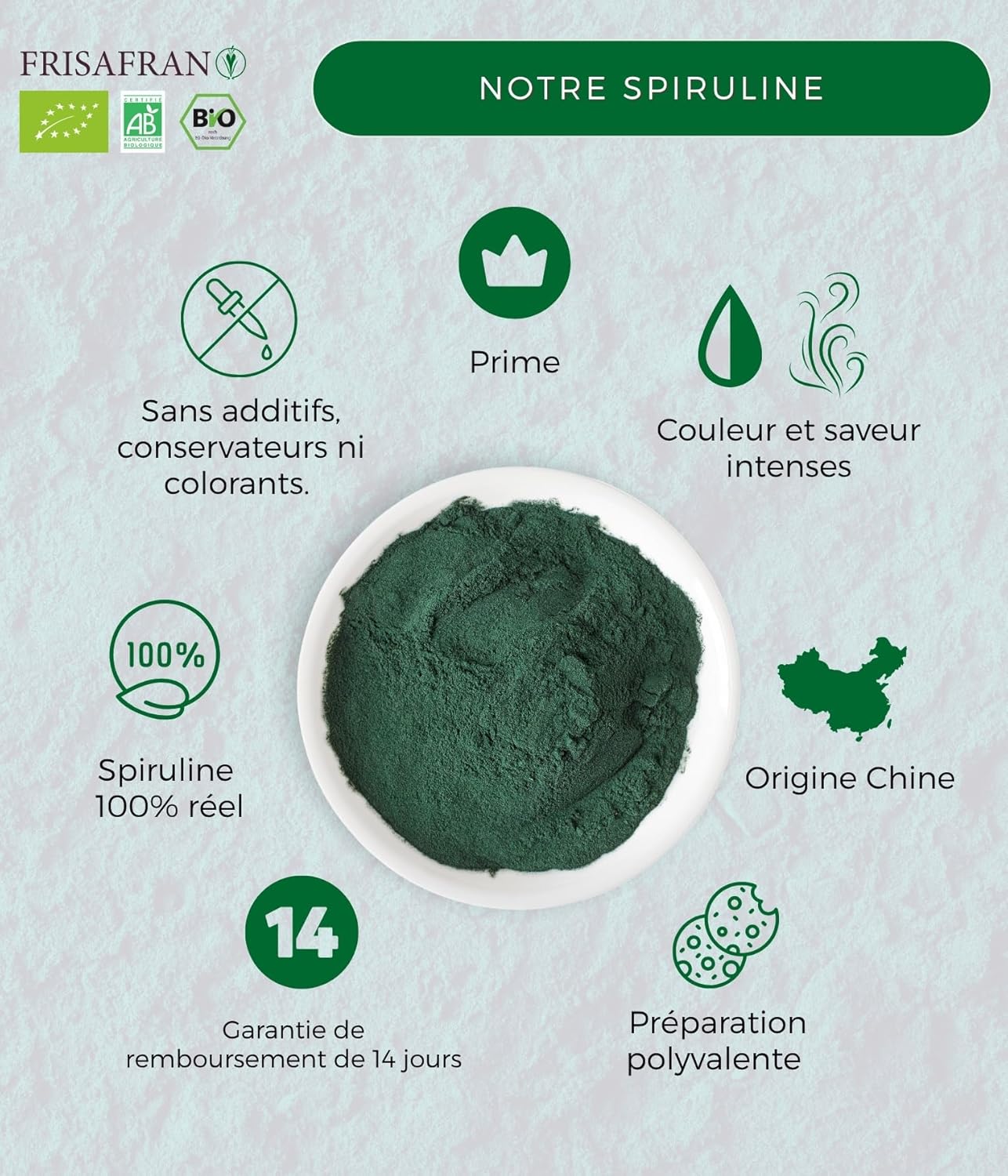 FRISAFRAN | Organic Spirulina Powder 100g | Pure and Natural Spirulina | Vegan Supplement | Rich in Protein | Antioxidant Purity | Natural And No Additives | Organic | Detox | Super Food Powder - Image 5