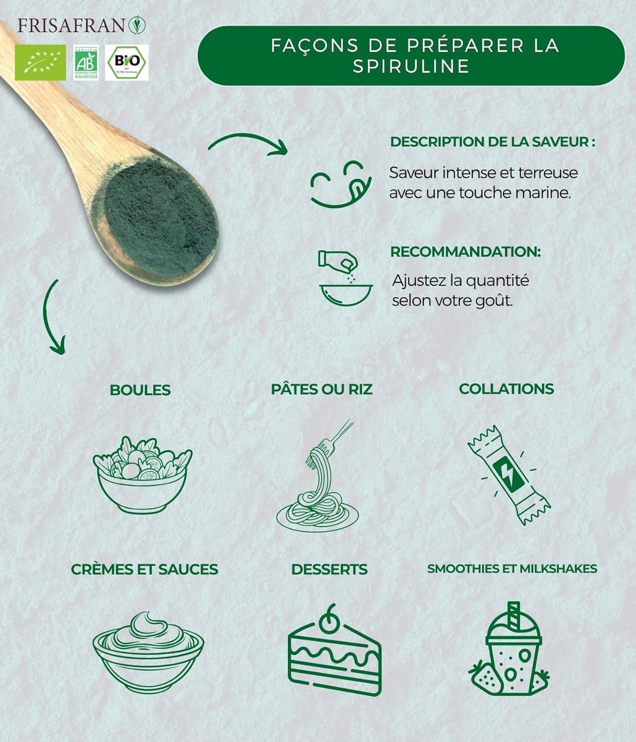 FRISAFRAN | Organic Spirulina Powder 100g | Pure and Natural Spirulina | Vegan Supplement | Rich in Protein | Antioxidant Purity | Natural And No Additives | Organic | Detox | Super Food Powder - Image 6