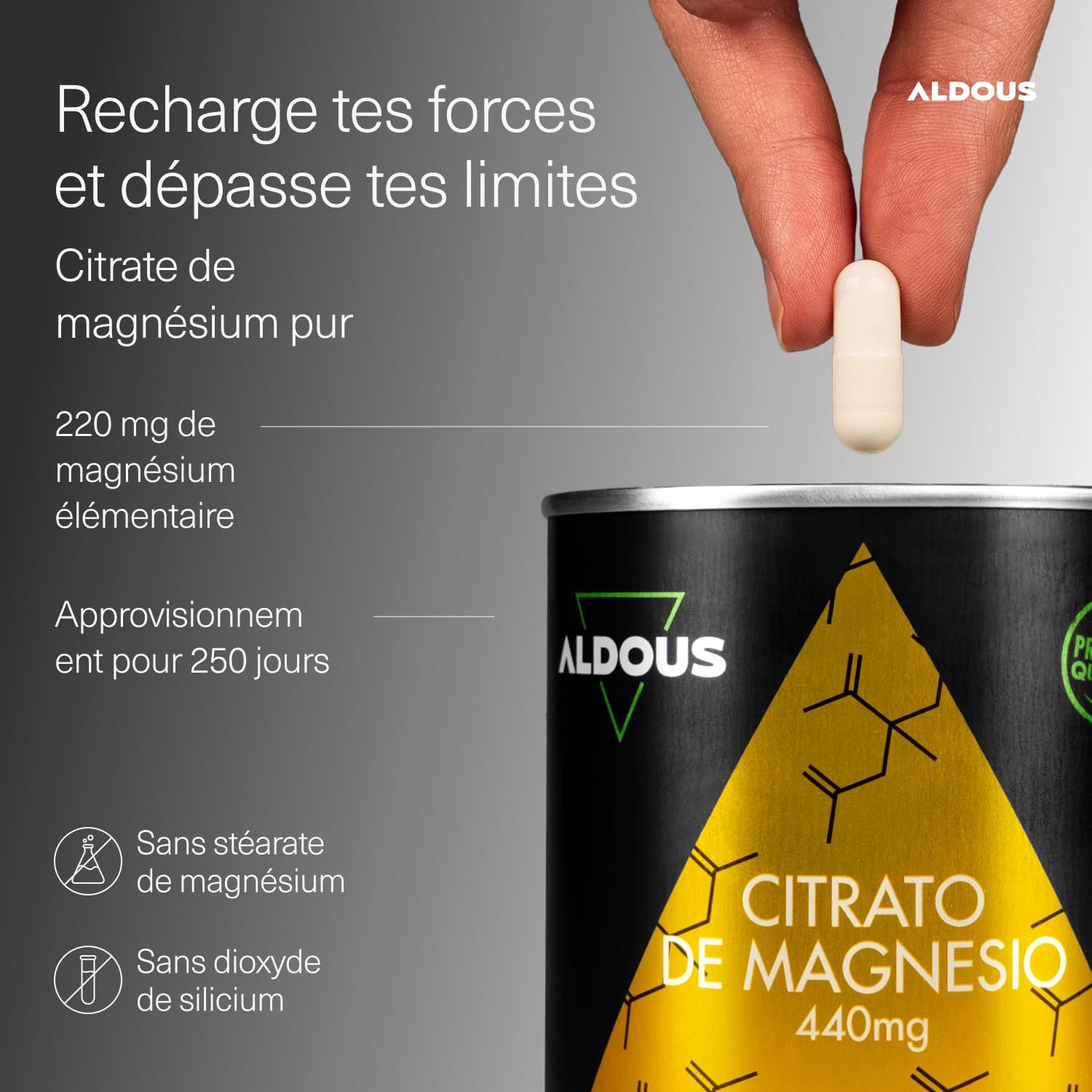 Magnesium Citrate - 250 Capsules - 220mg Elemental Magnesium - Highly Bioavailable Magnesium - Fatigue & Fatigue - Bones & Joints Muscle - ALDOUS - Image 3