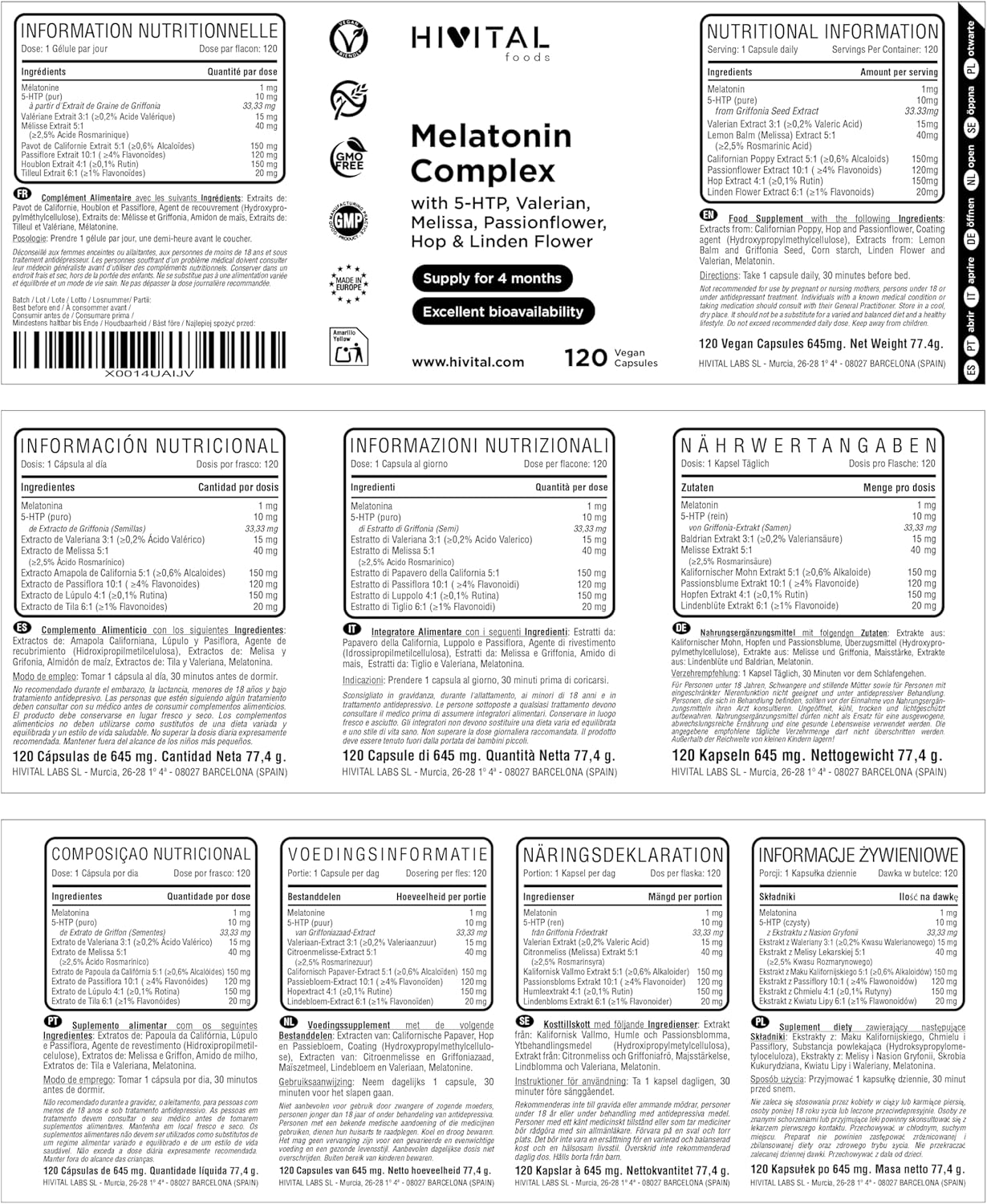 Melatonin Complex. 120 vegan capsules for 4 months of treatment. With 5-HTP, Valerian, Lemon Balm, Passionflower, California Poppy, Hops and Linden. Made in Europe by HIVITAL - Image 3