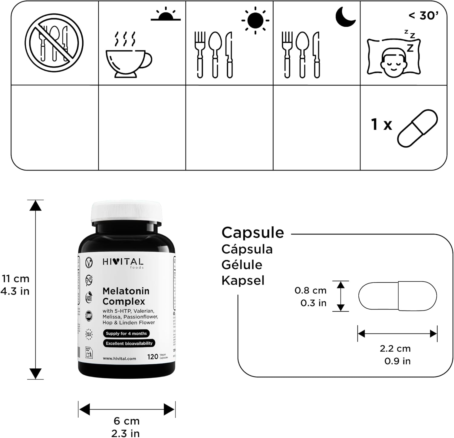 Melatonin Complex. 120 vegan capsules for 4 months of treatment. With 5-HTP, Valerian, Lemon Balm, Passionflower, California Poppy, Hops and Linden. Made in Europe by HIVITAL - Image 4