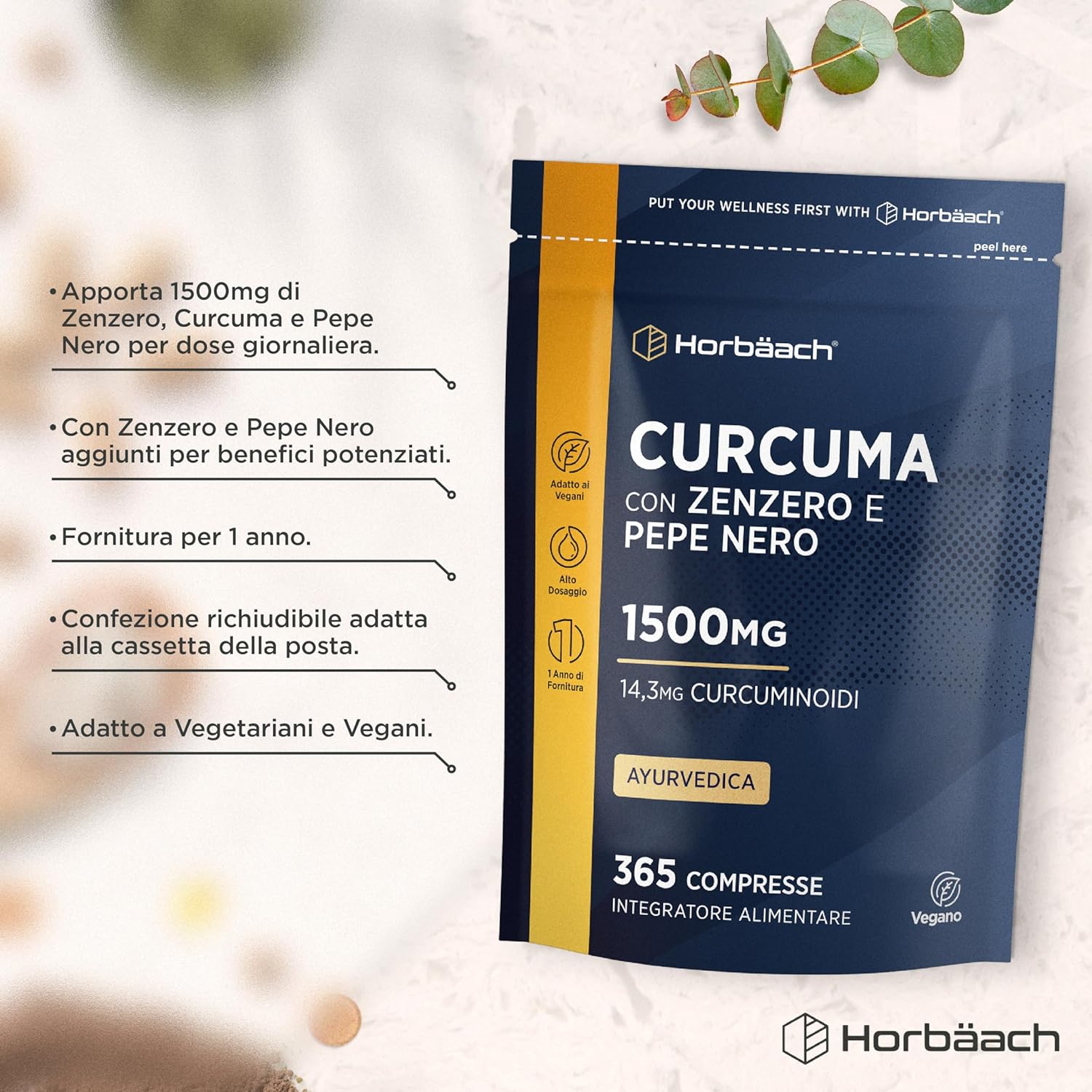 Turmeric Ginger Black Pepper 1500mg | 365 Vegan Tablets | Turmeric Complex with Piperine | Horbaach - Image 3