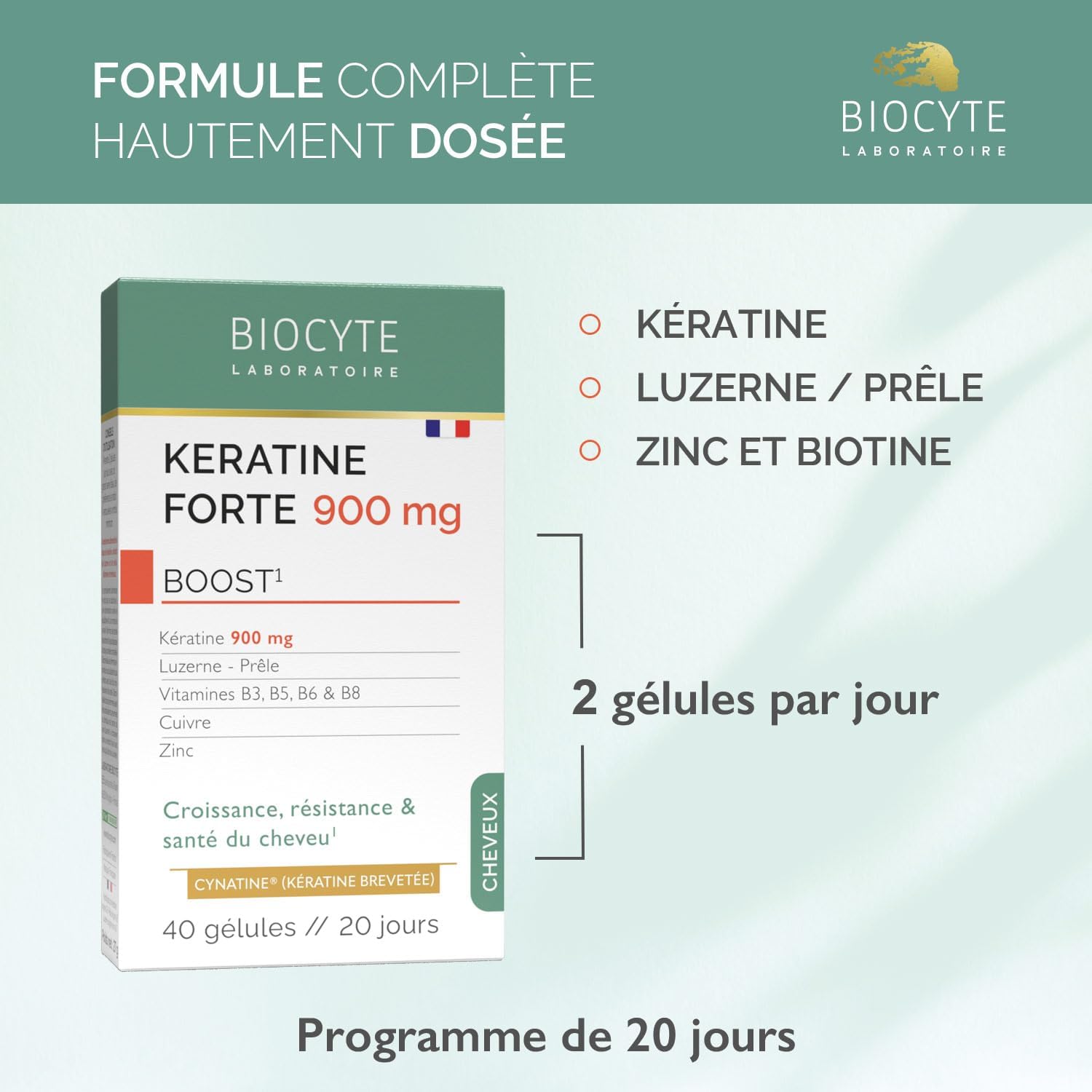 BIOCYTE Keratin Forte 900mg - Hair Growth, Strength & Health - Biotin Vitamin B6, Zinc, Horsetail, Alfalfa - Hair Food Supplement - 20 Day Program - Image 3