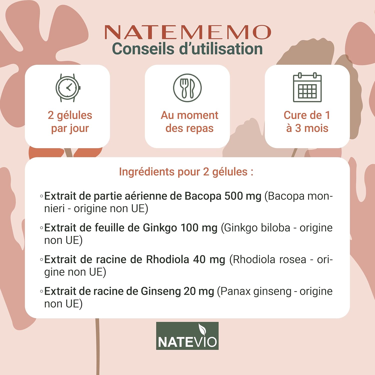 Natemémo – Memory & Concentration – Bacopa 500 mg, Ginkgo, Rhodiola, Ginseng – 120 Vegetable Capsules – Natural Food Supplement – Caffeine Free – Made in France - Image 4