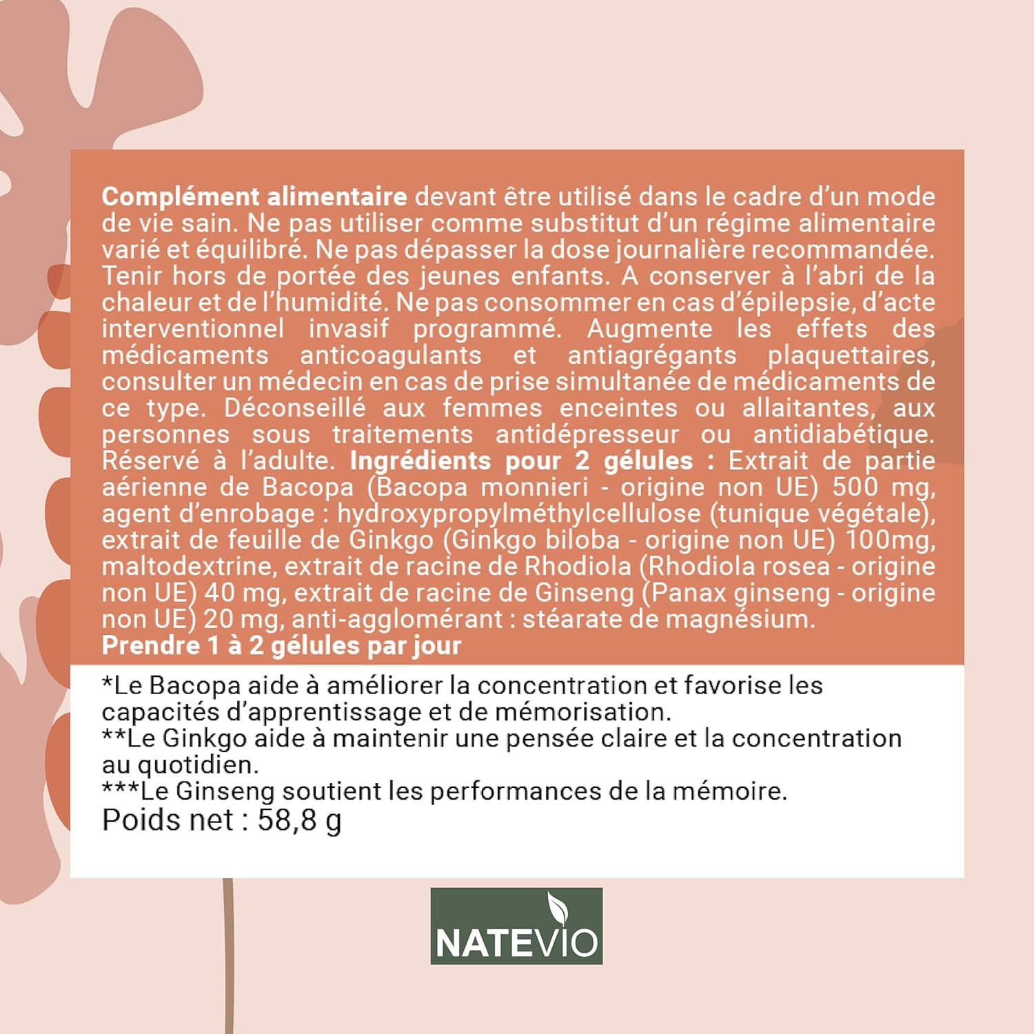 Natemémo – Memory & Concentration – Bacopa 500 mg, Ginkgo, Rhodiola, Ginseng – 120 Vegetable Capsules – Natural Food Supplement – Caffeine Free – Made in France - Image 6
