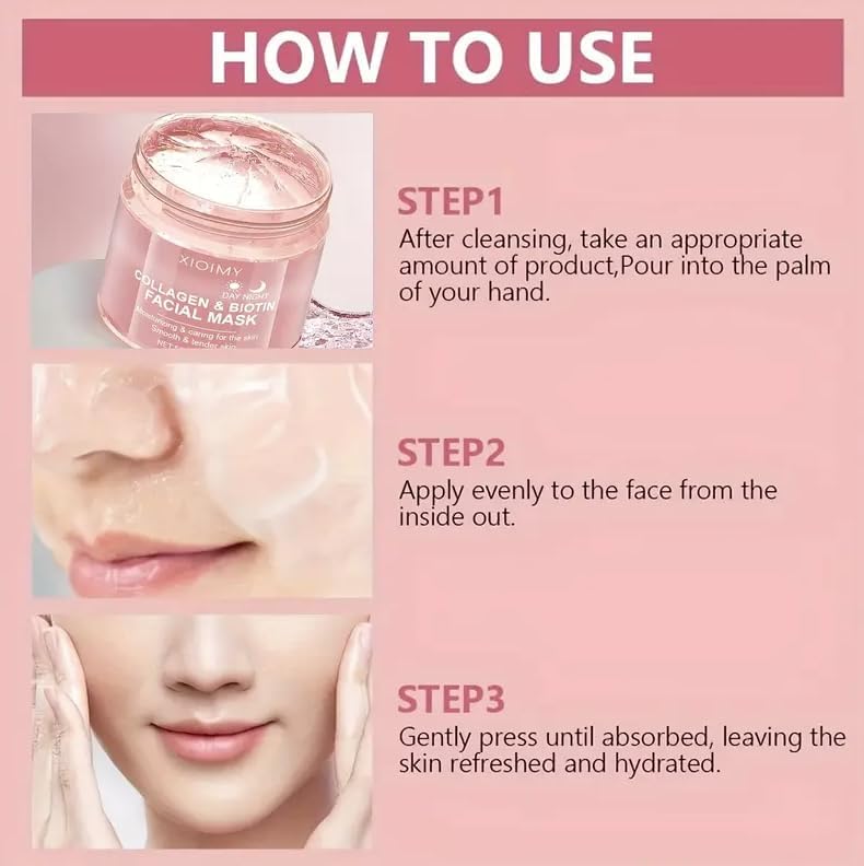 XIOIMY Hydrating Collagen Biotin Face Mask, Day and Night Face Mask with Jelly Texture, Vitamin C, Jojoba Oil, Peach Extract, 50g - Image 7